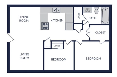 Floor plan for 2 beds, 1 bath, 763 sqft